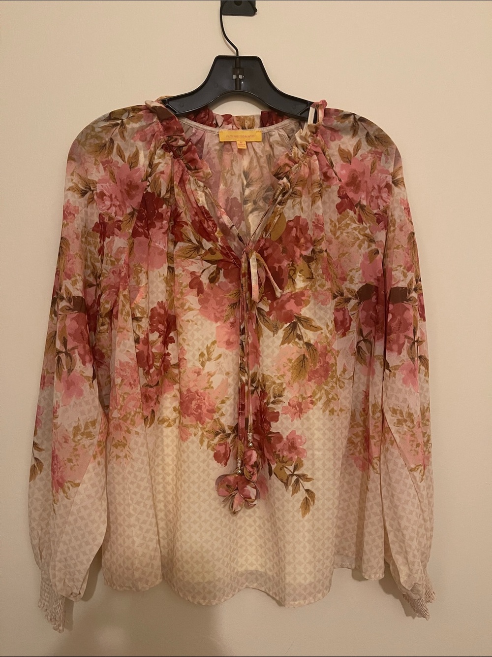 Flying Tomato Pink & Cream Floral Tie-Neck Sheer Blouse